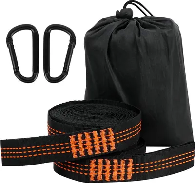 Produktbild von 2x Hängematte Befestigung Hängemattengurte mit 2 Hakenkarabinern Camping-Hängegurte mit Tragetasche Hängematte Spanngurt Orange