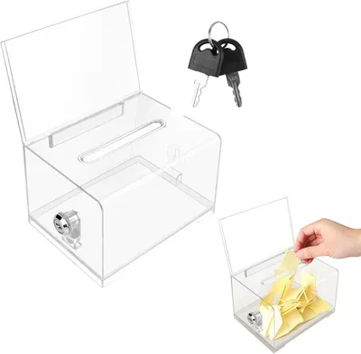 Obrázok produktu pre Prispievková pokladnička 16 x 12 x 10 cm, transparentný akryl, uzamykateľná, pre hlasovania
