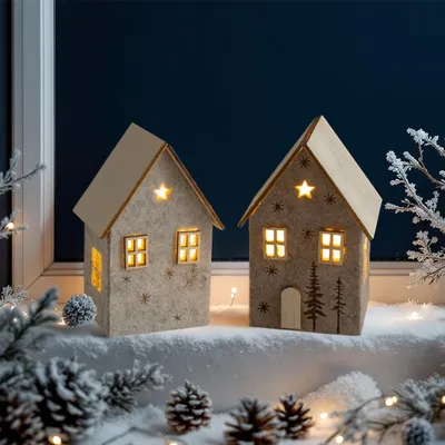Two illuminated felt houses with wooden roofs sit on a snowy surface, with pine cones and fairy lights, against a dark blue background, suggesting a winter or Christmas scene.