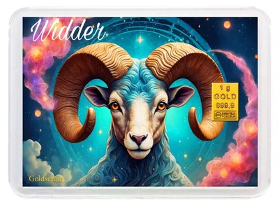 Produktbild von Grußkarte Sternzeichen Widder Gold 1g 1 Gramm Motivbox - Geschenk + Echtheitszertifikat