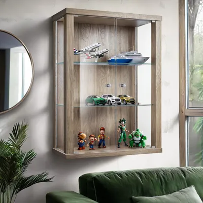 Immagine prodotto di K-Möbel Vetrina sospesa in rovere Sonoma (80x60x25 cm) con 2 ripiani in vetro regolabili in altezza - Vetrina sospesa - Armadio a muro - Vetrinetta