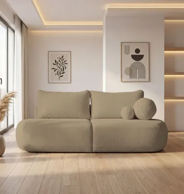 Produktbild von Schlafsofa mit Bettkasten – 3-Sitzer Sofa Couch mit Schlaffunktion – Skandinavische Polstercouch mit Rücken- und Dekokissen für Wohnzimmer – Weicher Boucle in Camel Dunkelbeige