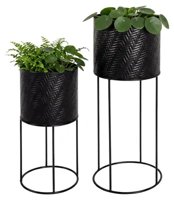 Produktbild von Relaxdays Blumenständer 2er Set, Metall, 2 Größen, mit Gestell, Wohnzimmer & Flur, runder Pflanztopfständer, schwarz