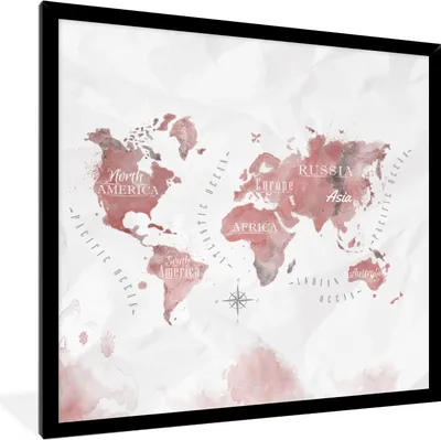 Produktbild von MuchoWow® MuchoWow® Gerahmtes Poster Weltkarte - Aquarell - Rot 40x40 cm - Poster mit zchwarzem Bilderrahmen - Mit Rahmen - Wanddekoration Schlafzimmer