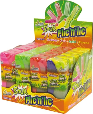 Produktbild von Flic'n'lic Lutscher Sour mit Erdbeer, Cola, Apfel 24 Stk. im Display