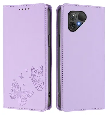 Obrázek produktu pro Kožené pouzdro pro Fairphone 5, motýlí ražbou, peněženkové flip pouzdro se stojánkem Světle fialová