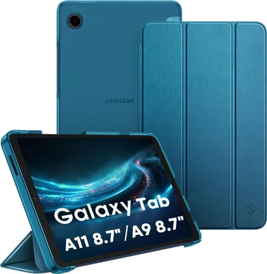 A teal Samsung Galaxy Tab A11/A9 tablet with a case is displayed.