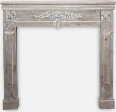 A fireplace mantel is shown against a white background.
