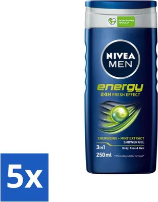 Obrázek produktu pro Nivea Men Energy sprchový gel - Dlouhotrvající pocit svěžesti - 250 ml - hodnotné balení - 5 kusů