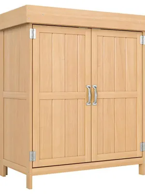 Image de Armoire de jardin sur pieds - Armoire d'extérieur pour jardin - Double porte - Étagère intérieure - Toit en bitume rabattable - Bois massif de pin - 74 x 43 x 88 cm - Vert armée