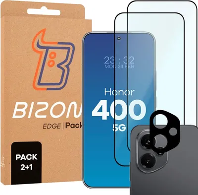 Produktbild von 2x Gehärtetes Glas + Kameraschutz für Honor 400, Bizon Glass Edge 2 Pack, Schwarz