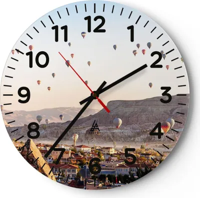 Produktbild von Wanduhr - Rund - Glasuhr - Berge Ballon Flug - 30x30cm - Schleichendes Uhrwerk - Lautlos - zum Aufhängen bereit - Dekoration Modern - Wanddekoration aus Glas - C4AR30x30-3997