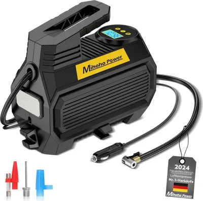 Produktbild von Mihoho Elektrische Luftpumpe, Tragbare Reifenpumpe, Digitalanzeige, Druckprüfung, für Autos, Fahrräder, Motorräder, schwarz