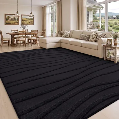 Image de Tapis shaggy doux et luxueux, 120x160 cm - Lavable et antidérapant, couleur noire