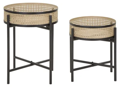 Produktbild von Set aus 2 Fuji-Couchtischen, Ø 40x50 und 35x40 cm, aus schwarzem Metall – abnehmbare Pflanzenhalter im Boho-Chic-Stil und Wiener Stroh