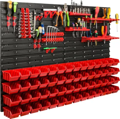 Obrázok produktu pre Skladovací systém dielenský regál | 115 x 78 cm | 56 ks. Box | Nástenný regál s držiakmi na náradie a stohovateľnými boxmi - Nástenné dosky Extra silný regál s otvormi na náradie Skladový regál Garážový regál