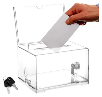 Produktbild von Acrylspendenbox, abschließbare Spendenbox, transparente Wahlurne mit Schlüssel, transparente Spardose, mit Einstecktafel, für Abstimmungen, Gewinnspiele, Wettbewerbe, Visitenkarten