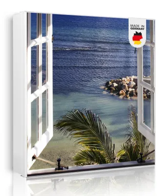 Produktbild von banjado Schlüsselkasten aus Metall, 30x30cm groß mit 32 Haken, als Magnettafel nutzbar, Korpus weiß, Anschlag links, Fensterpanorama [SKGW2 10122]
