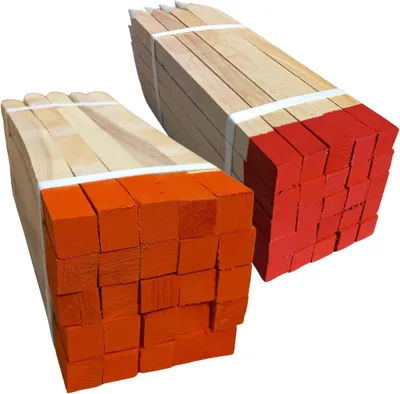 Two bundles of wooden stakes, one with orange painted tips and the other with red painted tips, are shown against a white background.