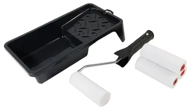 Produktbild von Profi Lackierset 4x Schaumwalze Farbroller 10cm Lackroller + Farbschale Lackwanne Farbwanne