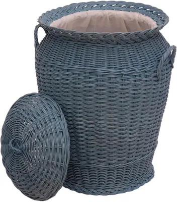 Produktbild von KRINES HOME Wäschekorb / Wäschetonne rund aus echtem Rattan, Wäschesammler mit Deckel und Inlett (Blau)