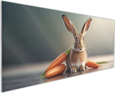 Produktbild von Wallario Küchenrückwand aus Glas, Größe: 125 x 50 cm, Motiv: Flauschiger Hase mit Möhren | Spritzschutz | abwischbar | pflegeleicht | in