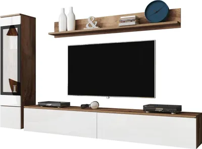 Produktbild von MIRJAN24 Wohnwand Vera I, Stilvoll Wohnzimmer-Set, TV-Schrank, Modern Mediawand (Wotan / Weiß Hochglanz, ohne Beleuchtung)