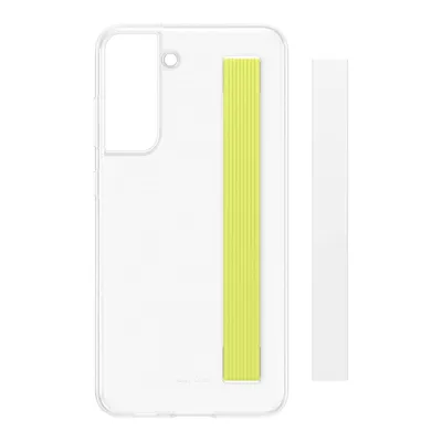 A clear, studio shot of a transparent phone case with a yellow strap attached, next to a white strip.