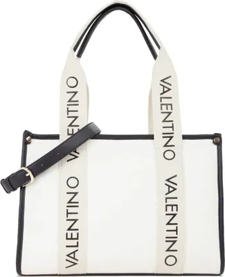 A white tote bag with black trim and straps, featuring the "Valentino" logo printed repeatedly on the straps.