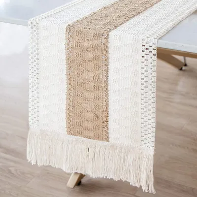 Produktbild von Makramee-Tischläufer, Boho-Tischläufer aus Baumwolle für böhmische Hochzeiten, Brautpartys, rustikale Esstischdekoration im Landhausstil, 30 x 180cm