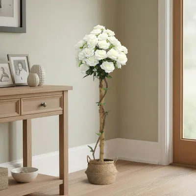 Produktbild von Künstliche Stockrose weiß Kunstpflanze mit Echtholzstamm 120 cm Kunstrose Deko für Wohnzimmer, Hochzeitsdeko Kunstbaum