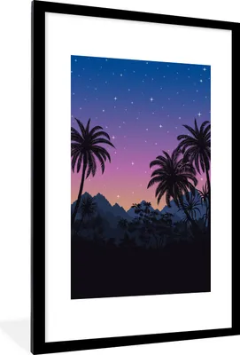 Produktbild von MuchoWow® MuchoWow® Gerahmtes Poster Palme - Berg - Nacht 60x90 cm - Poster mit zchwarzem Bilderrahmen - Dekoration - Wandposter Wohnzimmer - Hochwertig