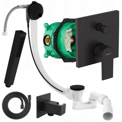 Produktbild von HANSGROHE VERNIS SHAPE Armatur mit Umsteller + IBOX 1 | inkl. BOFLER Duschset #51 für Badewanne, Wannenablauf mit Befüllung, Brauseset, matt schwarz