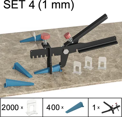 Produktbild von Fliesen Nivelliersystem Verlegehilfe Fliesen Plan System, Set 4, 2000 Laschen, 400 Keile, Zange, 1 mm