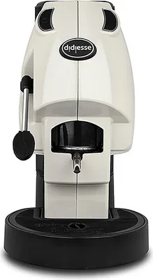 A white and black espresso machine is shown from the front on a white background.