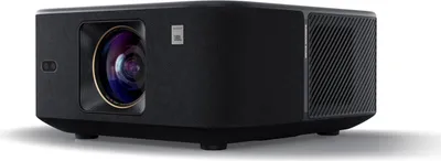 A black projector is shown on a white background.