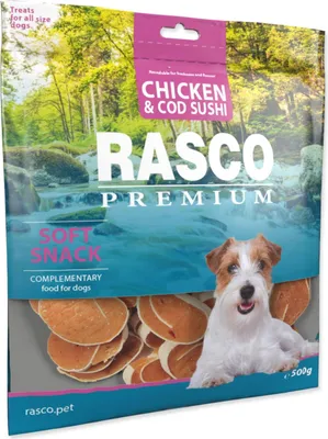 Zdjęcie produktu dla Przysmak Rasco Premium z kurczakiem i dorszem sushi 500g