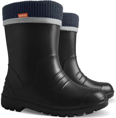 A pair of black rain boots with navy blue knitted cuffs and a gray reflective band.