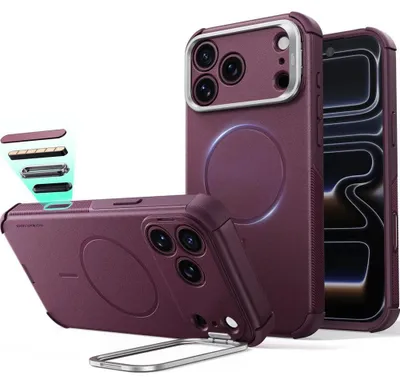 Obrázek produktu pro Pouzdro na telefon iPhone 18 Pro / 17 Pro, značky ESR, model Cyber Tough Case, s funkcí stojánku a kompatibilitou s MagSafe, barva: burgundská