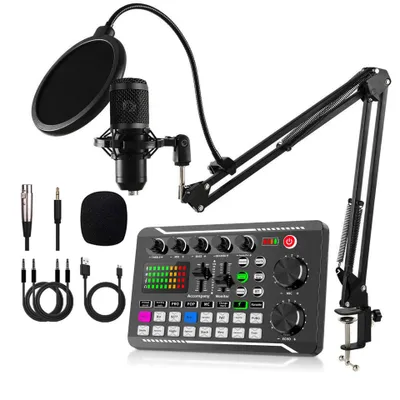 A product shot of a microphone set and sound card on a white background.