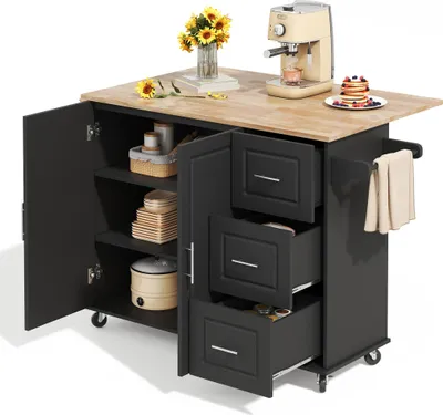 Productafbeelding van Keukentafel, werkblad van eikenhout, opklapbaar design, multifunctionele kast, 3 lades, handdoekhouder, geschikt voor keuken en eetkamer