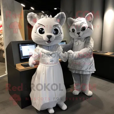 Produktbild von Maskottchen REDBROKOLY Kostümfigur Silberne Katze bekleidet mit einem Hochzeitskleid und Geldbörsen