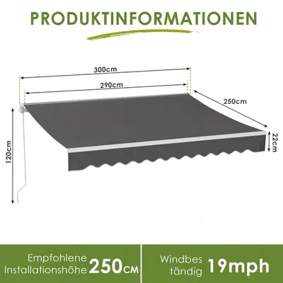 Produktbild von Terrassenmarkise - Manuelle Gelenkarmmarkise - 2,5 x 3 m - Handkurbel, Wandmontage - Neigung 52–75° - UPF 50+, wasserabweisend - Grau