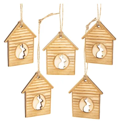 Produktbild von 5 kleine Osteranhänger Holzhäuschen mit Hase Natur 8 cm
