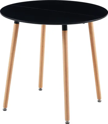A round black table with three wooden legs against a white background.