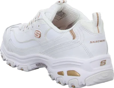 A side view of a white Skechers D-Lites sneaker with rose gold accents.