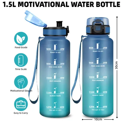 Productafbeelding van Drinkfles - 1,5 liter - Sportdrinkfles, drinkfles met lekvrije afsluiting, waterfles met tijdmarkering, met filter, fles geschikt voor koolzuurhoudende dranken