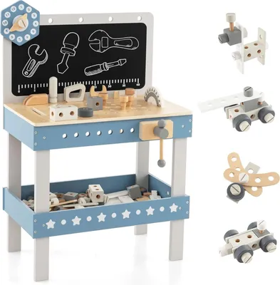 Produktbild von Werkbank Kinder, Werkzeugbank für Kinder aus Holz mit 61 Zubehör, Werkzeug Spielzeug Set mit Tafel & Uhr & Werkzeughalter, Werkbank für Kinder ab 3 Jahren