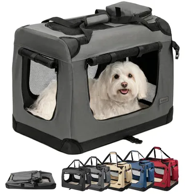 Produktbild von Faltbarer Hundetransportkorb für Reisen und Auto, 60x42x44 cm, stabiler Transportkorb mit Tragegriffen und Decke