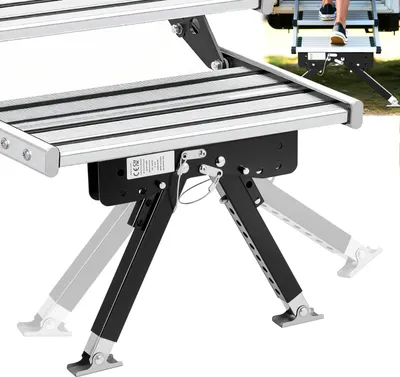 Immagine prodotto di Set di supporti per gradini regolabili in altezza SucceBuy in acciaio verniciato a polvere, ideale per stabilizzare i gradini di caravan, roulotte e camper, regolabile da 76,2 a 381 mm
